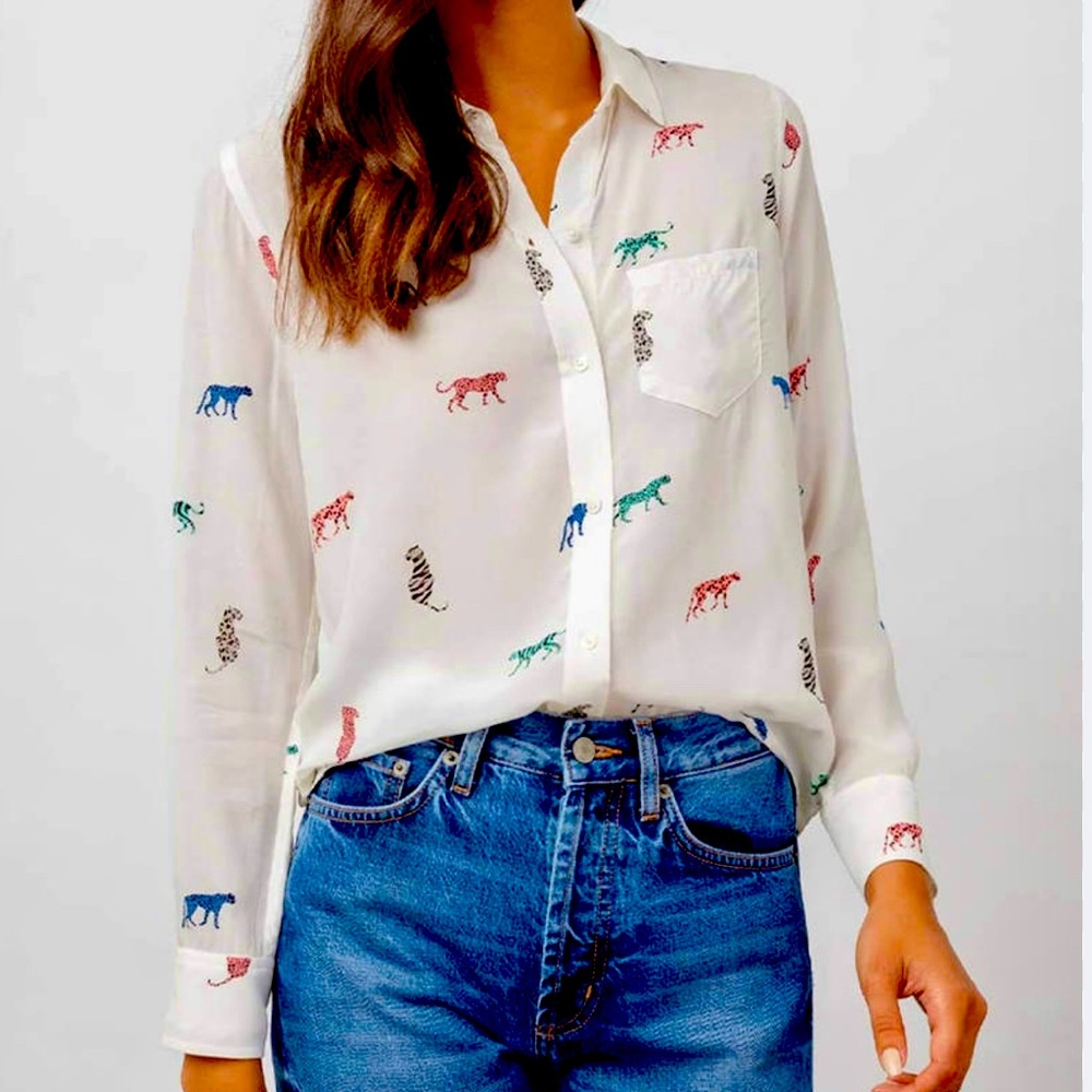 Rails White Button-Down Blouse with Multicolor Leopard Motif